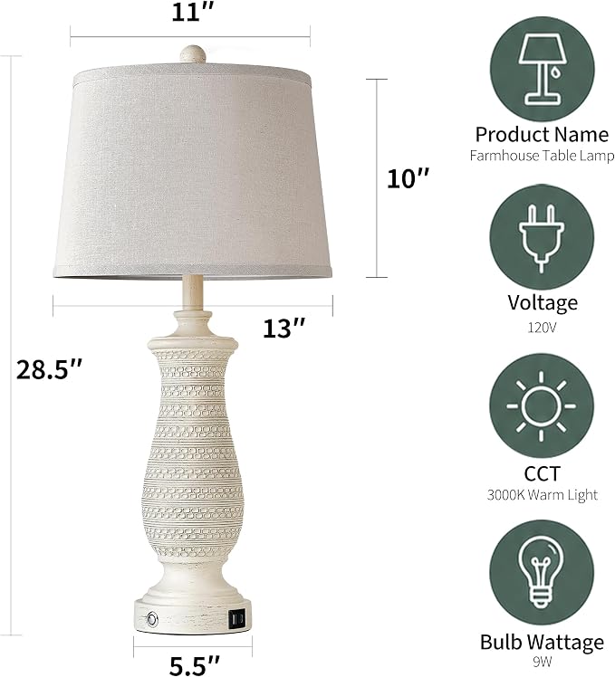 Living Room Lamps Set of 2, Table Lamps for Bedroom, Farmhouse Lamps for Nightstand with Oatmeal Linen Lampshade (Beige-2)