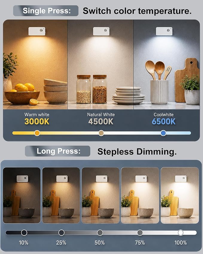 Motion Sensor Stair Light Indoor, Battery Operated Night Lights | Automatic, Wireless, Stick on Anywhere Portable LED Lamp for Step Toilet Hallway Bedroom Under Cabinet Closet Kitchen（6Pack）