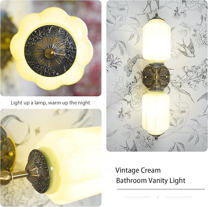 Vintage Milk Glass Bathroom Vanity Light - 2-Light Wall Sconce with Brass Finish Base & Green Glass Shade - Wall Sconce Lighting for Mirror, Kitchen, Living Room, Gallery (Bulbs Included) (Green)