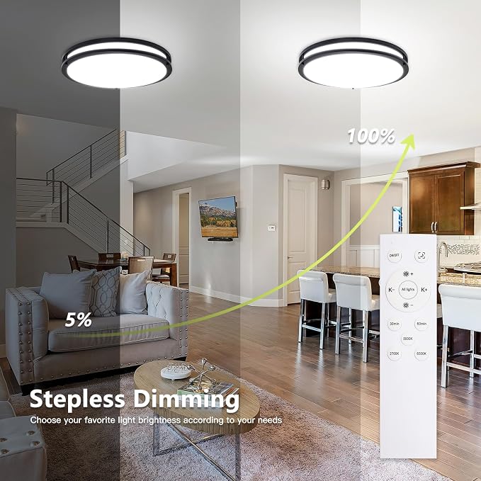 Flush Mount Ceiling Light - 2 Pack 60W 3000K/3500K/4000K/5000K/6000K Dimmable Led Ceiling Light Fixture for Kitchen Hallway Bedroom Bathroom (2, Black, 17.5 Inch)