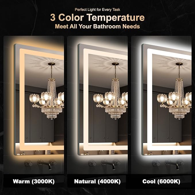 30x40 LED Bathroom Vanity Mirror with Lights, Anti-Fog, Dimmable | Front & Backlit with 3 Color Modes and Memory, 5mm Shatterproof Glass, Plug-in or Hardwired, Horizontal or Vertical