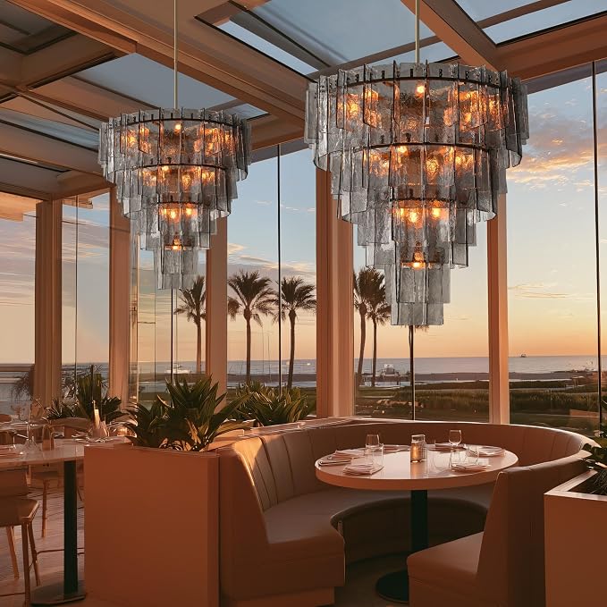 47" Extra Large Tiered Smoked Clear Textured Glass Chandelier, 18-Light Modern Large Pendant Lighting with E26 Sockets, 77" Adjustable Rods, Ceiling Fixture for Dining Room, Living Room, Foyer (Gold)