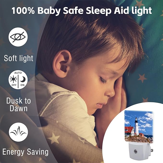 Beautiful White Lighthouse Night Light Plug into Wall, Ocean Seaside Lighthouse Dusk to Dawn Night Light Plug in,0.5w Energy Saving Sleep Friendly Nightlight for Kids Boys Girls Home Decor