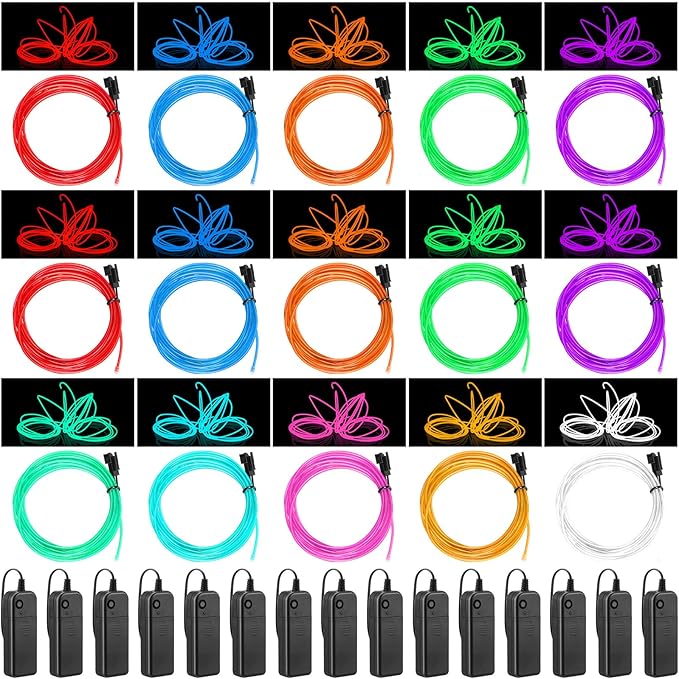 Hortsun 15 Pack 16ft Neon Light El Wire Portable Cuttable Neon Glowing Battery Powered LED Lights Glow in The Dark with Battery Pack for Halloween Party