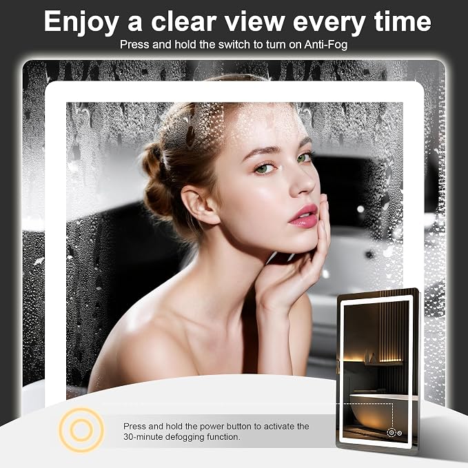 LED Bathroom Vanity Mirror with Lights, 20"x30" Lighted Wall Mirror | Front and Backlit, Anti Fog, Dimmable 3 Color Lighting, Memory Function, Shatterproof Glass, Plug in or Hardwired