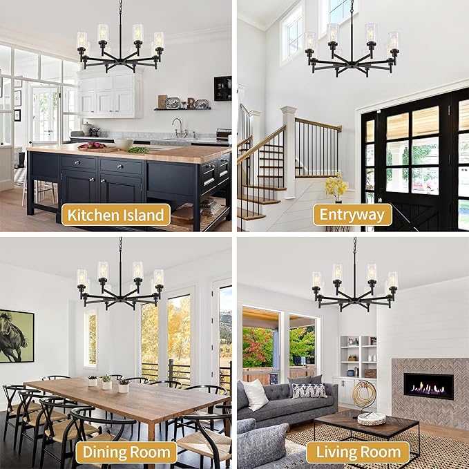 28.34'' Large Chandelier Dining Room Light Fixtures, 8-Light Modern Black Chandeliers Over Table, Living Room Lights Farmhouse Chandelier for Entryway Foyer Bedroom