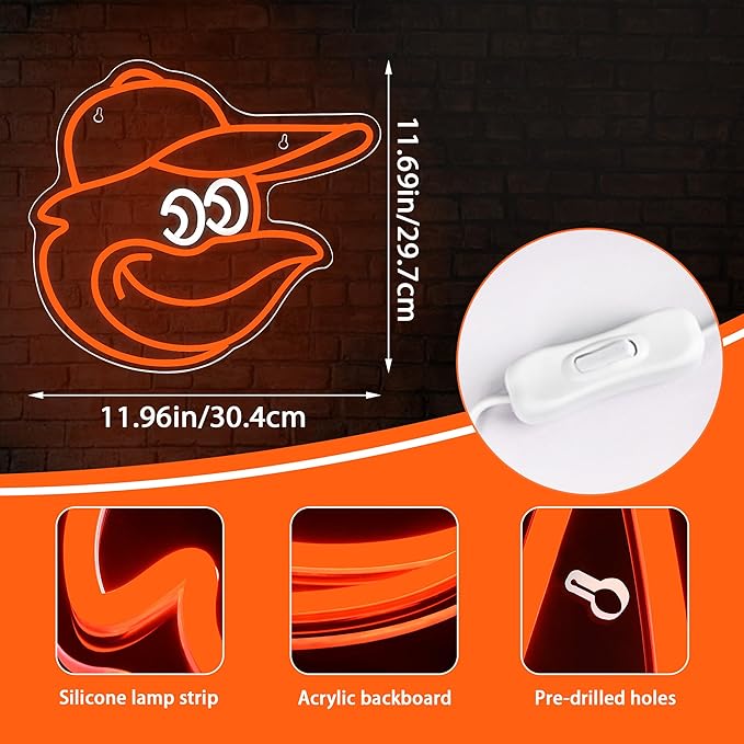 Baseball Neon Sign for Wall Decor Oriol Baseball Neon Light Baseball Sport Led Neon Sign for Man Cave,Boys'Room,Club,Pub,Birthday Christmas Signs for Sports Fans,Man,Boys,Size 13.9 * 13.2inch(FMXD184)