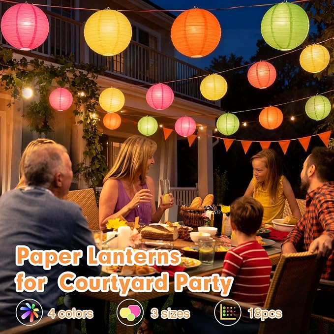Mwellewm 18Pcs Colorful Paper Lanterns Set Glow in The Dark Party Supplies Neon Party Decorations Rainbow Hanging Paper Lantern Decor for Birthday Carnival Celebration Back to School Home Courtyard