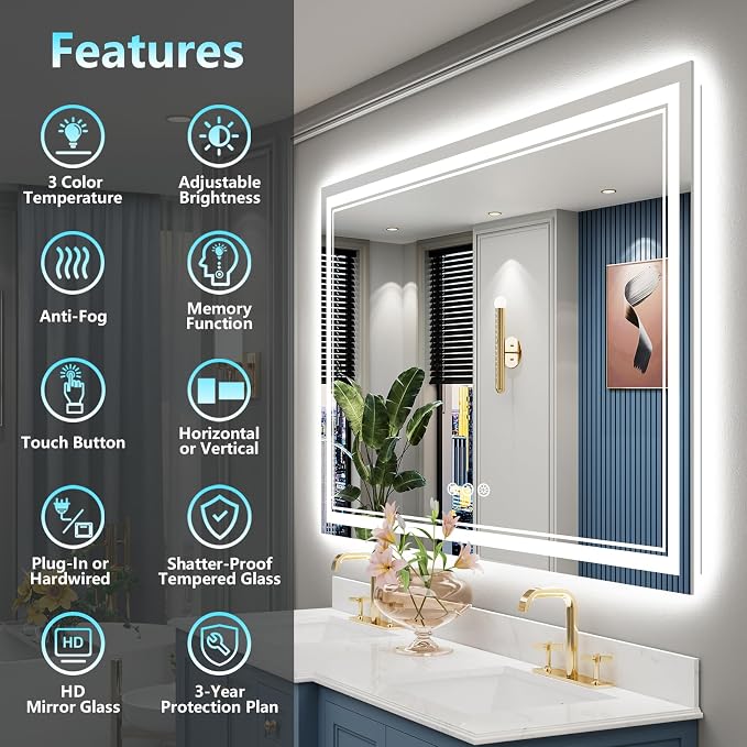 60x28 LED Bathroom Mirror, Backlit & Front Lit Lighted Mirror | Anti-Fog Vanity Mirror with Lights, 3 Color Dimmable, Memory, Shatterproof, Tempered Glass, CRI95, UL Listed, Wall Mounted