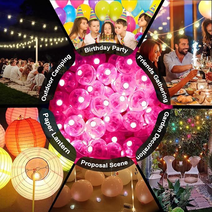 200pcs Pink LED Balloon Light, Mini Tiny Light Round Led Ball Lamp for Paper Lantern Balloon Indoor Outdoor Party Event Birthday Party Wedding Decoration Halloween Christmas Supplies