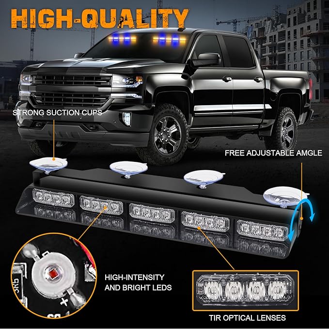 XRIDONSEN 2x 17 inch Amber Blue Emergency Dash Lights Interior Front/Rear Windshield Strobe Lights 40 LED Safety Flashing Warning Hazard Lights w/Suction Cups for Plow Trucks Construction Vehicles