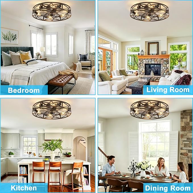 Depuley Flush Mount Ceiling Fan: 24" Caged Ceiling Fans with Remote Control for Patio Kitchen Bedroom - Low Profile Fandelier Lights Fixture Reversible 6 Speed Timer Brone 6*E26 Bulb Not Included