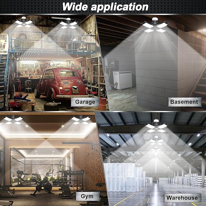 4 Pack LED Garage Light, 150W 15000LM 6500K LED Shop Lights, Garage Lights Ceiling Led with 4 Deformable Panels, Screw in E26/E27 Bulb Socket for Warehouse, Basement, Attic, Barn, High Bay Lighting