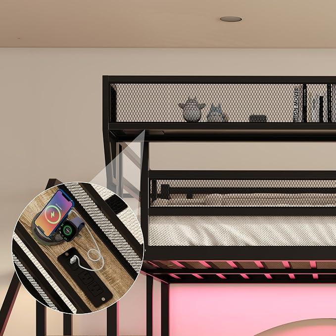 Queen Size Metal Loft Bed with Storage Shelf Built-in USB Port | Heavy Duty Loft Bed with Storage Stairs & Wardrobe+ LED Lights, Large Under-Bed Area, Noise Free, No Box Spring Needed