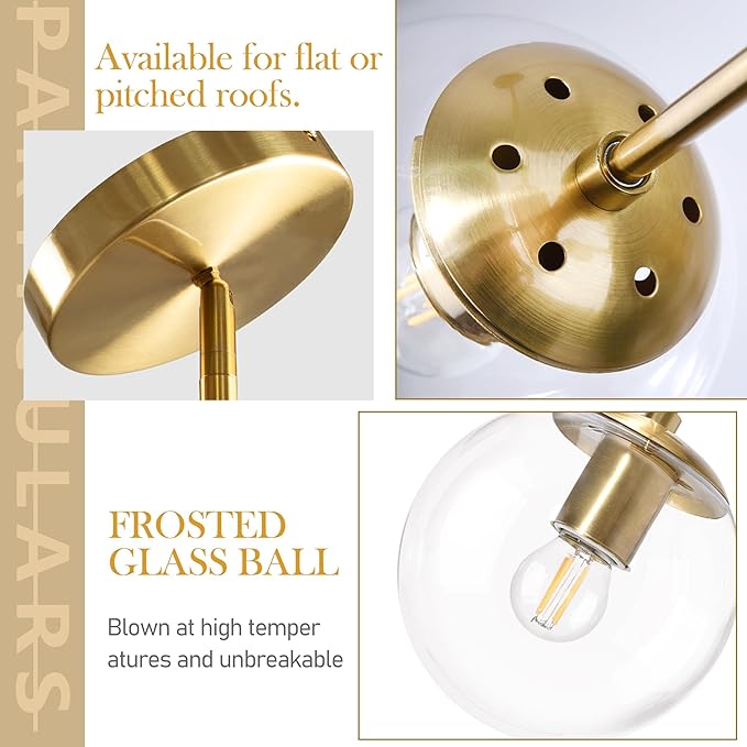 6 Inch Globe Pendant Light Gold Mid Century Pendant Light Contemporary Globe Pendant Lights Kitchen Island Clear Glass with Brass Finish Adjustable Hanging Light Fixture for Kitchen Island