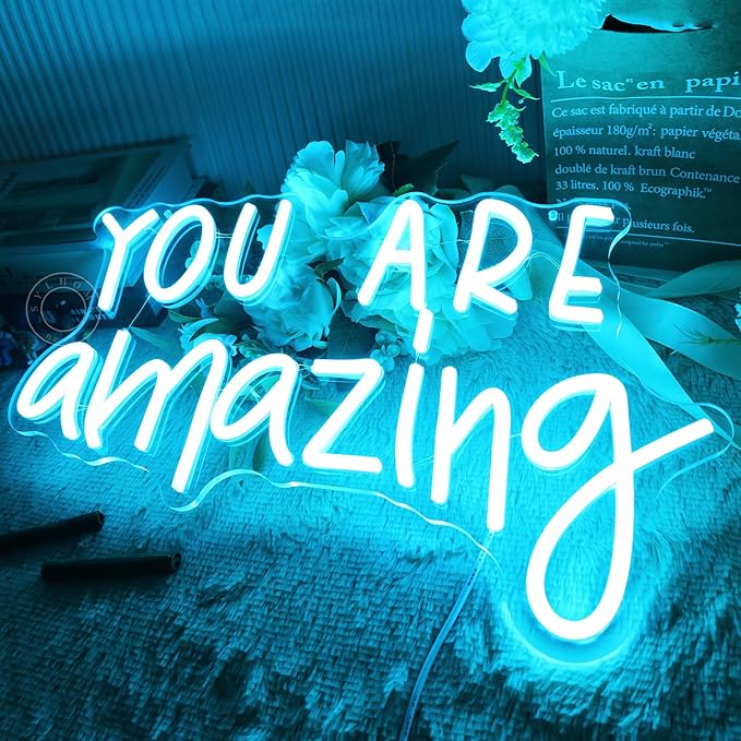 SYLHOME You Are Amazing LED Neon Light Sign 5V Girls Boys Bedroom Living Room Classroom Wall Decor Sign Hanging Smart Birthday Decoration USB 16.9" X 10.6" Ice blue