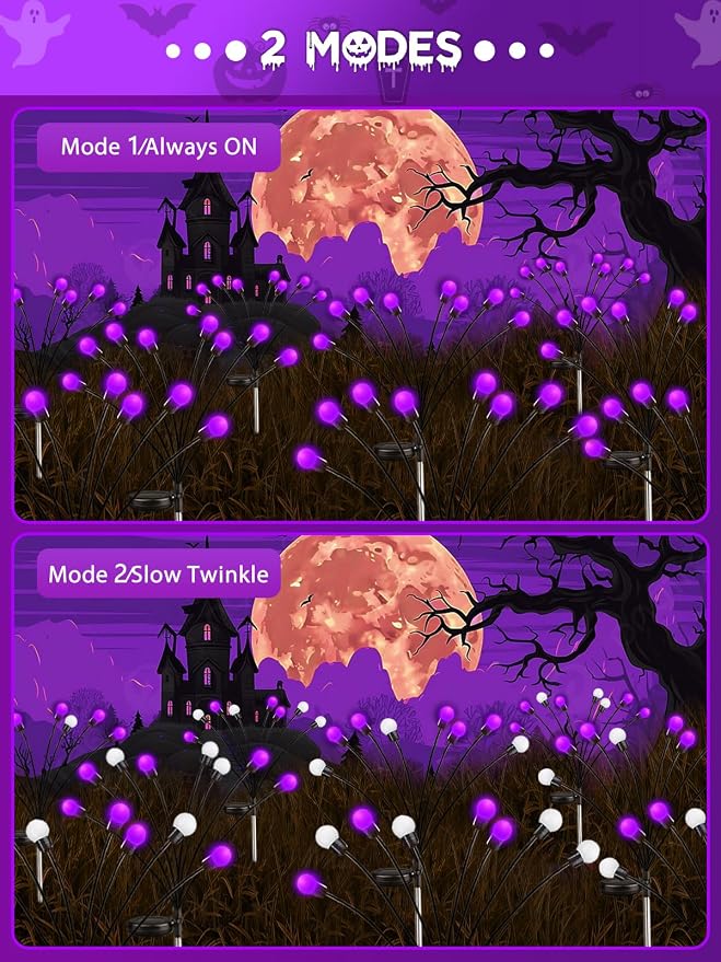 Halloween Decorations Outdoor Solar Firefly Lights 6 Pack 48 LED Purple | 2 Lighting Modes, Memory Function and Auto On/Off, Sway with Wind, Waterproof Halloween Decor for Outside Horror Party Garden