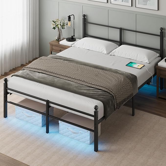 Full Size Bed Frame with Headboard - Metal Platform Bed with LED Lights, Charging Station, Under Bed Storage and Heavy Duty Steel Slats Support - No Box Spring Needed, Easy Assembly, Black