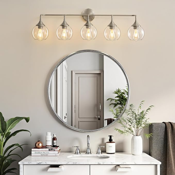 Bathroom Vanity Lights 5-Light Brushed Nickel Vanity Light 39" | Farmhouse Vanity Lighting Fixtures Over Mirror, Thickened Clear Glass Shade, UL E26 Dimmable Vanity Light Fixtures
