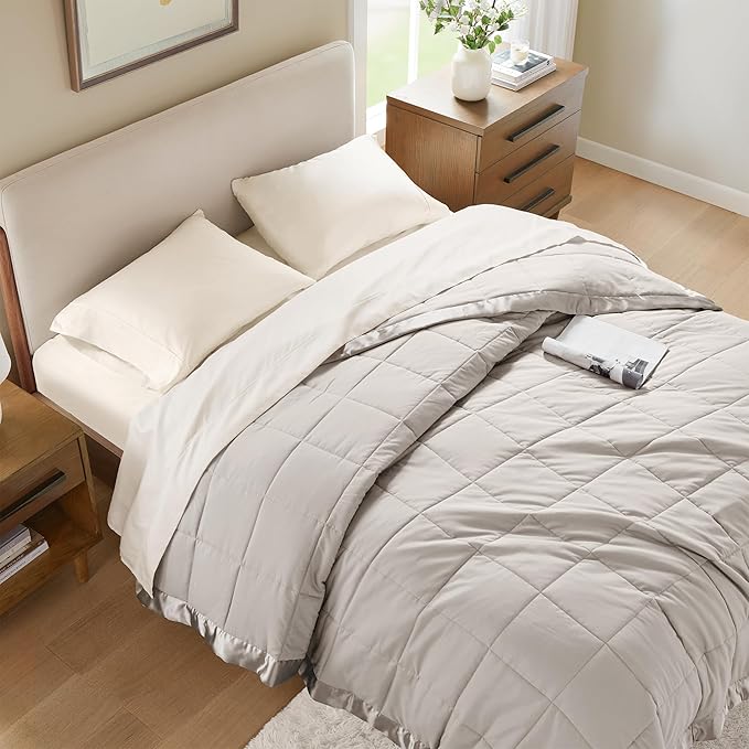 Madison Park Windom Down Alternative Blanket, Premium 3M Scotchgard Moisture Wicking Treatment, Lightweight and Soft Bed Cover For All Season, Satin Trim, Grey Full/Queen