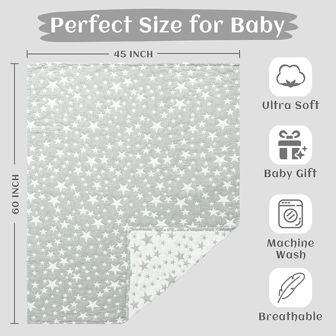 NTBAY 3 Layer Oversized Muslin Toddler Blanket, 45 x 60, Grey/White Star | Muslin Cotton Outer Layers with Light Thermal Fiber Fill, Reversible Blanket for Daycare, Travel, Naps, and Supervised Use