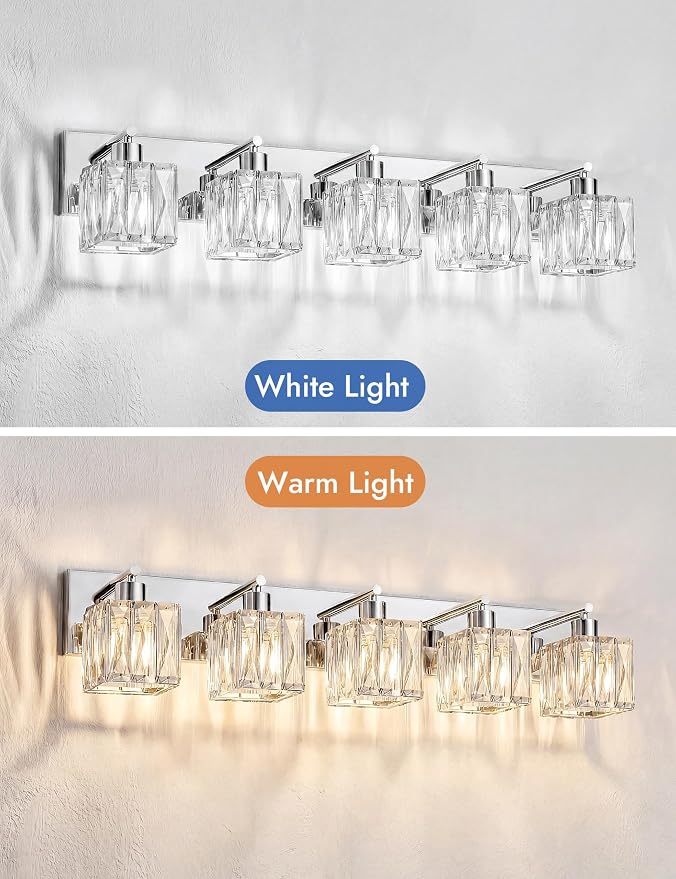 VOLISUN Chrome Bathroom Light Fixtures, Modern Stainless Steel Bathroom Lighting Fixtures Over Mirror, 5 Light Bathrooms Vanity Light, Crystal Vanity Light for Bathrooms-UL Certificated(Exclude Bulb)