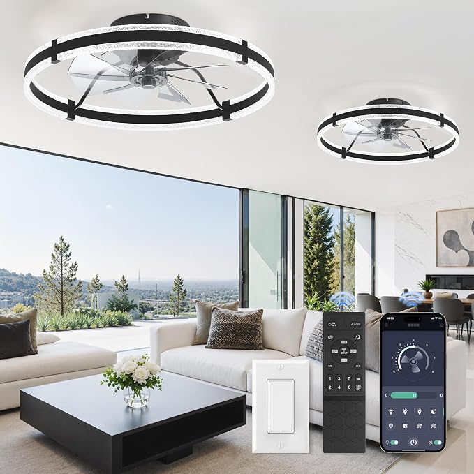 LEDIARY 24'' Low Profile Ceiling Fans with Lights and Remote, Black, 2 Pack | 3000-6000K Dimmable LED, 6 Wind Speeds, Quiet Reversible DC Motor, Small Flush Mount Fandelier for Bedroom, Living Room