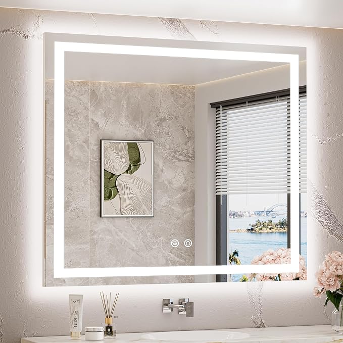 LED Bathroom Mirror with Lights 40 x 36 Brighter Light up Mirror for Bathroom Vanity, Front and Backlit 3-Color Dimmable Illuminated Antifog Mirror Wall Mounted, Waterproof, Tempered Glass