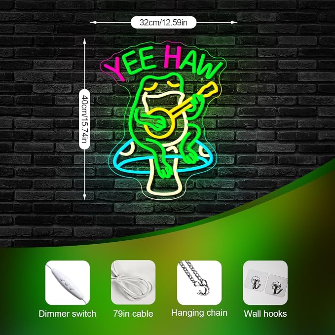 Yee Haw Frog Neon Sign Cowboy LED Light Bar Decor Man Cave | Dimmable Funny Frog Guitar Light Up Sign for Pubs, Game Rooms, Music Rooms & Cowboy Fans, LED Wall Decor, Easy Mount, USB