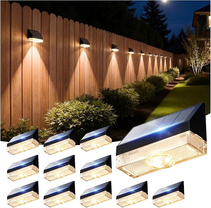 VOLISUN Solar Fence Lights 12 Pack, Fence Post Solar Lights Outdoor Waterproof with Warm White LED Spot Lens, Solar Deck Lights for Outside Wall, Deck, Patio, Yard, Rail, Garage, Pool
