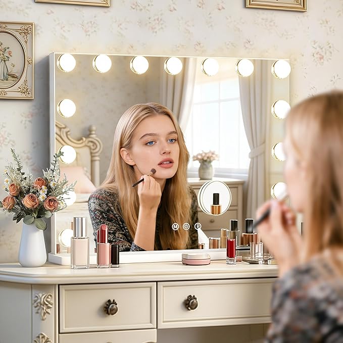 23" x 18" Hollywood Vanity Mirror with Lights, 15 Dimmable Bulbs, 3 Color Lights, Make Up Lighted Mirror, USB Charging Port, Gifts for Women Wife Teengirls