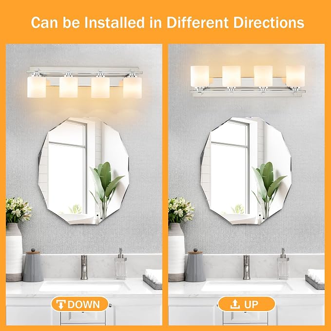 Modern Bathroom Light Fixtures Over Mirror, Vanity Lights for Bathroom Wall Sconces with Milky White Glass Shades, E26 Socket (Bulbs Not Included), 4 Light, Chrome