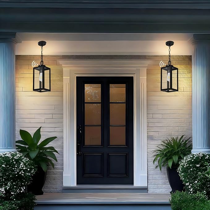 13" Dusk to Dawn Outdoor Pendant Light,Exterior Outside Chandelier Hanging Lantern Light, Matte Black with Clear Glass for Front Door,Porch, Gazebo, Garden.