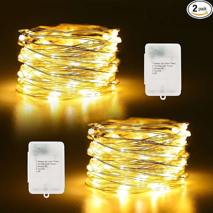 2 Pack Timer Fairy Lights Battery Operated Twinkle Lights with 5 Modes | 16.4Ft 50 LED Silver Copper Wire Battery Wreath Lights for Home Christmas Wedding Indoor Outdoor Decor, Warm White