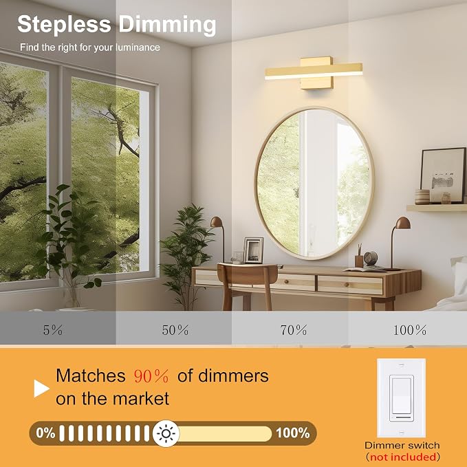 Gold Bathroom Vanity Light Fixture 15.7'' 20W Dimmable 5CCT LED Hardwired | Bathroom Light Fixture Over Mirror, Bathroom Wall Sconce, Rust-resistant, ETL Certificated, 2700K/3000K/3500K/4000K/5000K