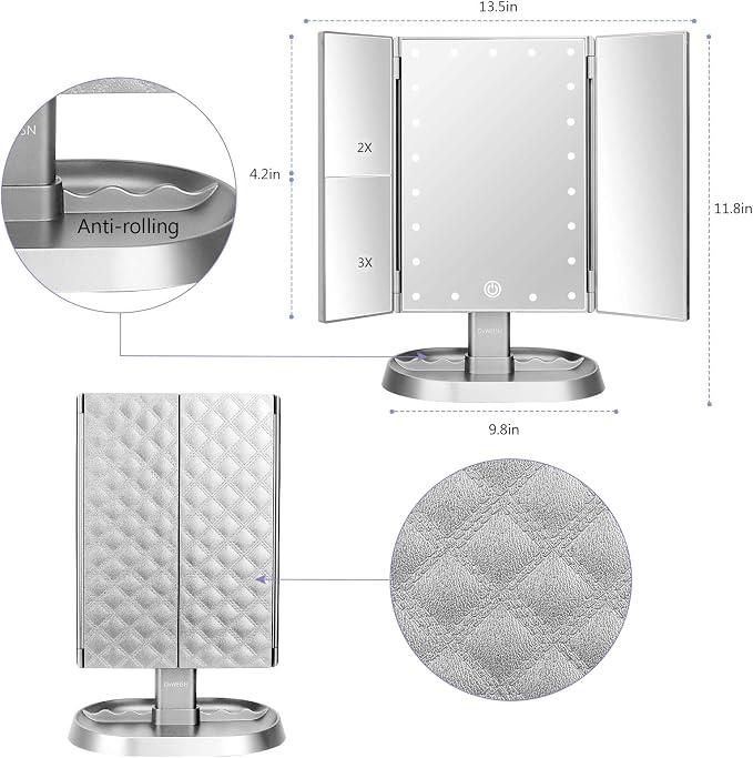 Trifold Lighted Vanity Makeup Mirror with 21 LED Lights,1/2/3 Magnification and Dimming,Two Power Supplies Makeup Mirror,Gift for Women
