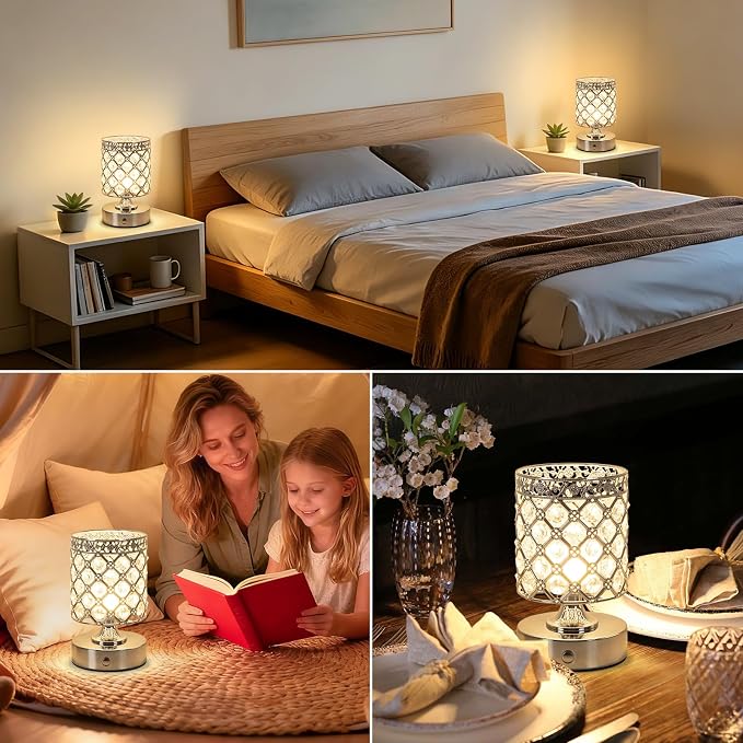Silver Small Crystal Rechargeable Cordless Table Lamps Set of 2 | 6000mAh Battery, 3 Color Temps, Stepless Dimming, Touch Control, Portable Wireless Night Light for Bar Bedroom Living Room