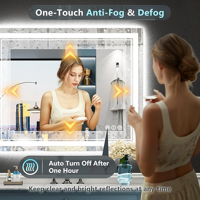 44x36 LED Bathroom Mirror, Backlit & Front Lit Lighted Mirror | Anti-Fog Vanity Mirror with Lights, 3 Color Dimmable, Memory, HD Tempered Glass, CRI95, IP54, UL Listed, Horizontal/Vertical