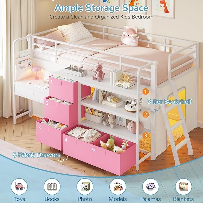 Low Loft Bed Twin Size with Desk, 6 Storage Drawers & Bookshelf, Kids Loft Bed with LED Lights & Under-Bed Play Space, Heavy Duty Metal Bed Frame with 13.8"H Safety Guardrail & Ladder, White and Pink