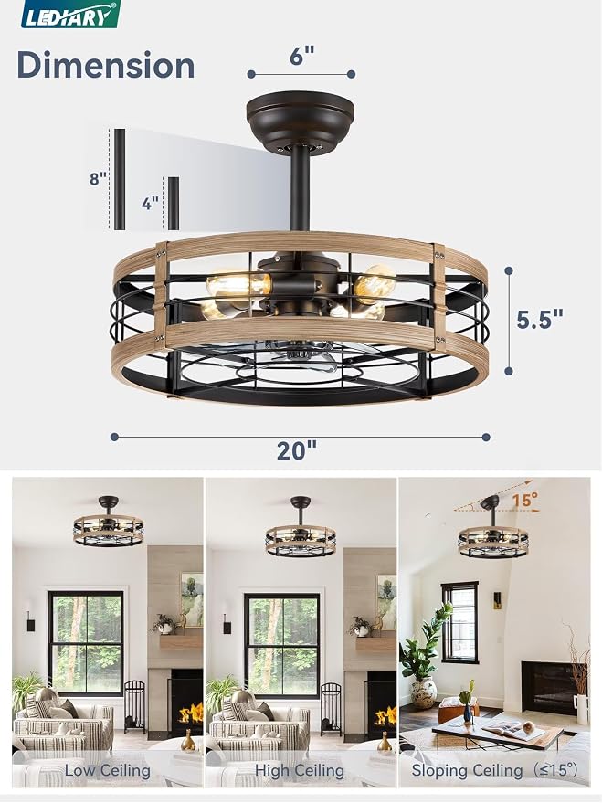 LEDIARY 20 inch Fandelier Caged Ceiling Fan with Light and Remote, Brown | 6 Speed Adjustable,Timing, Quiet & Powerful DC, Small, Farmhouse, Industrial, Enclosed, Bladeless, Bedroom, Kitchen, Downrod