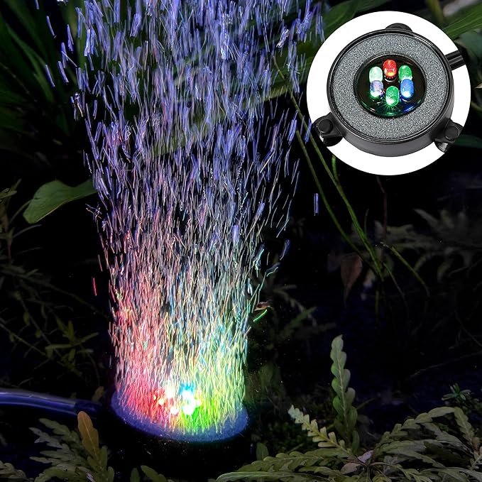 NICREW Multi-Colored LED Aquarium Bubbling Stone Disk, Round Fish Tank Bubbler with Auto Color Changing LEDs