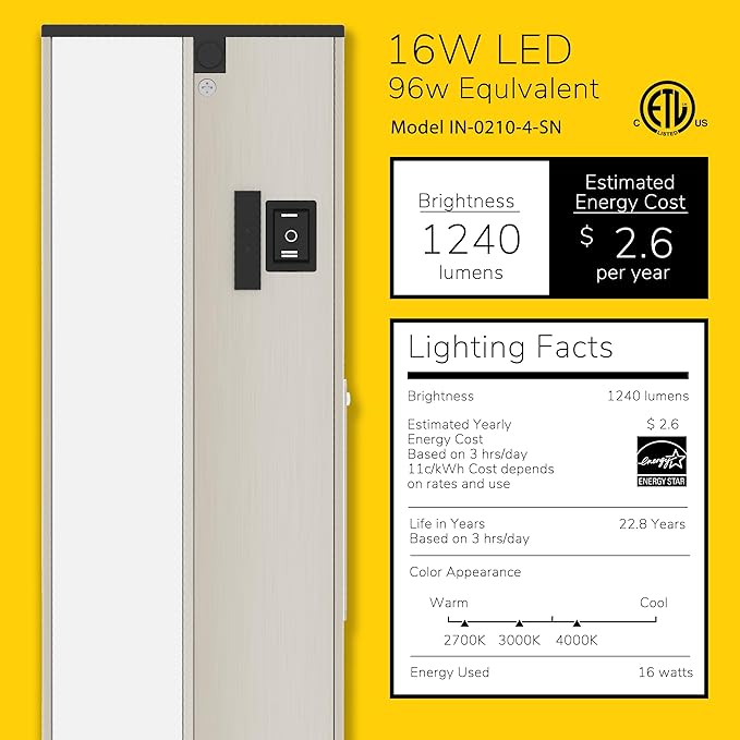 Getinlight 32-inch 3 Color Levels LED Under Cabinet Lighting, Hardwired or Plugged-in, Selectable White 2700K/3000K/4000K, Dimmable, Brushed Nickel Finished, IN-0210-4-SN