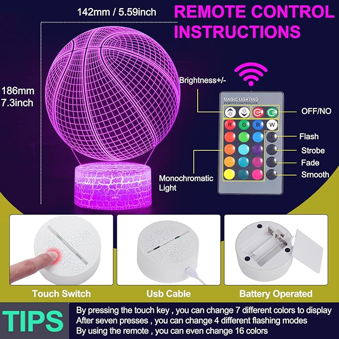 Basketball Gifts for Boys / Girls, Basketball 3D Night Light, 3D Illusion Lamp with 16 Colors Change Remote Control, Decorative Desk Lamp, Creative Best Christmas Birthday Gift for Kids Sport Fans