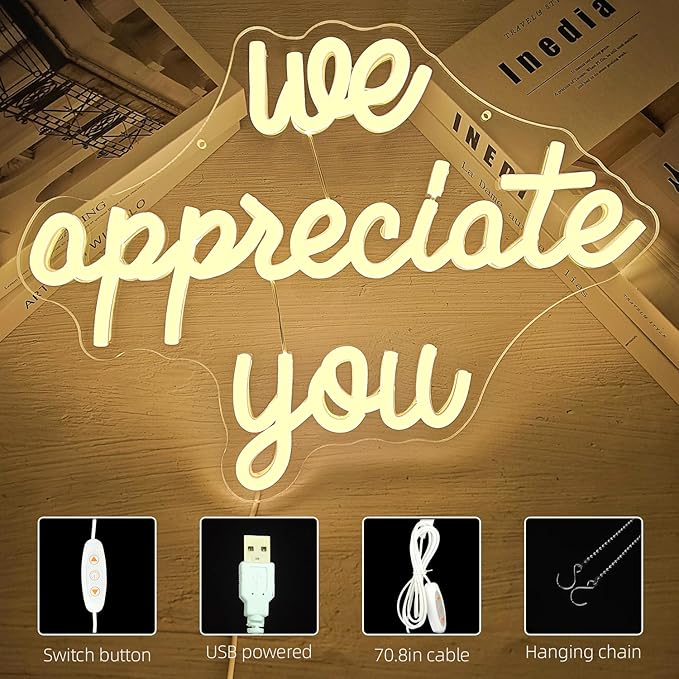We Appreciate You Neon Sign for Wall Decor Appreciate Neon Lights Dimmable Led Signs We Appreciate You Decorations for Employee Staff Teacher Doctor Appreciation Party Thank You Decorations