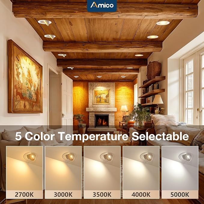 Amico 6 Pack 4 Inch 5CCT Gimbal LED Recessed Lighting, 360°&90° Adjustable Eyeball Directional Downlight, Dimmable, 2700K/3000K/3500K/4000K/5000K Selectable, CRI90+ 9W 700LM, ETL&FCC