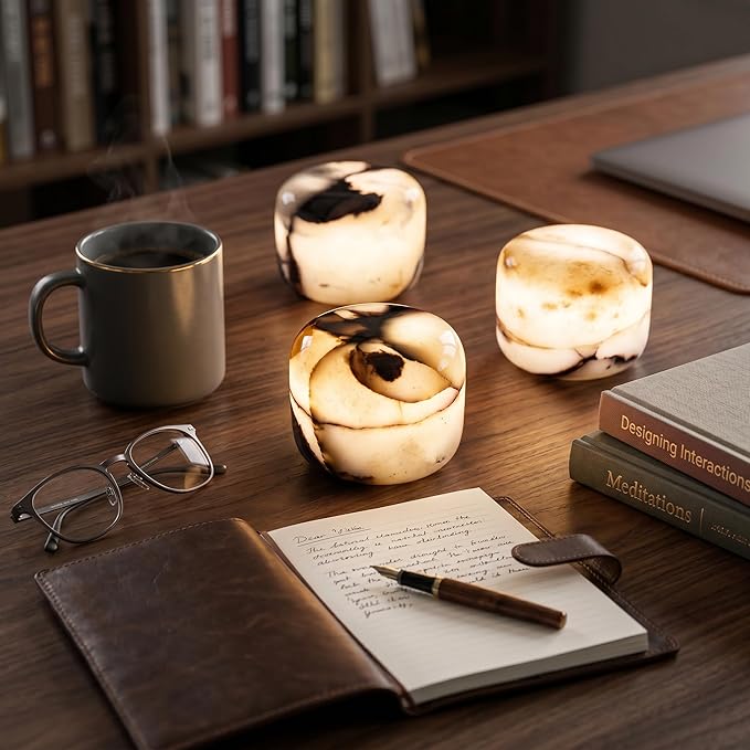 Natural Marble Lamp, Cordless Rechargeable Tap Light, 3-Way Dimmable Ambient Stone Glow Lamp, Portable Zen Decor Gift for Bedroom Desk Shelf