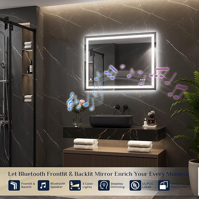 Keonjinn 40" x 30" Lighted Mirrors for Bathroom Wall with Bluetooth Speaker, Frontlit & Backlit LED Bathroom Mirror, Bluetooth Mirror Bathrooms, Tempered Glass, Defogging, 3 Color Lights, Dimmable