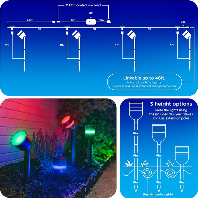 Enbrighten Vibe Eternity Path Lights, 23ft, 4 RGBWIC LEDs, Weatherproof, Perfect for Garden, Pathway, and Home Exterior Lighting, Smart App Control, Compatible with Alexa, Google Home, 85966