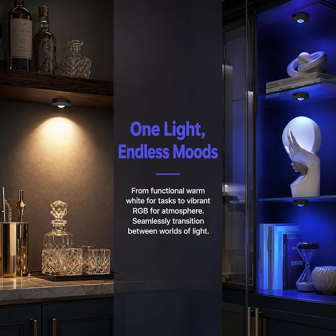 Rechargeable Magnetic Puck Lights, RGB Under Cabinet Lighting with Remote & Touch Control, Dimmable/3 Color Temps/Timing, Wireless Stick-On Lights for Kitchen Shelf Pantry