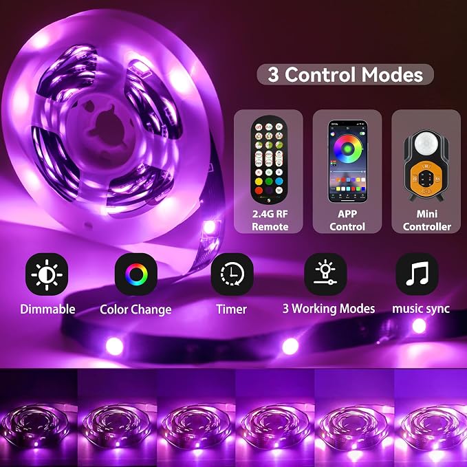 Motion Sensor LED Light Strip 2 x 10ft Under Bed Lights, RGB 3 Mode Motion Activated Bed Light with Music Sync and Timer, Dimmable Color Changing LED Lights for Bedroom Father Day Gifts